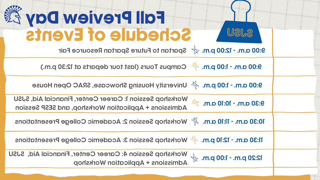 Schedule of Events: 9am-12pm Spartan to Future Spartan Resource Fair, 9am-1pm Campus Tours, 9am-1pm University Housing Showcase, SRAC Open House, 9:30am-10:10am Workshop Session 1: Career Center, Financial Aid, Admissions and Application Workshop, SESP Session, 10:30am-11:10am Workshop Session 2: Academic College Presentations, 11:30am-12:10pm Workshop Session 3: Academic College Presentations, 12:20pm-1pm Workshop Session 4: Career Center, Financial Aid, Admissions and Application Workshop