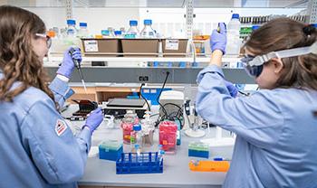 two people work under fume hood with scientific equipment in lab coats and safety gear